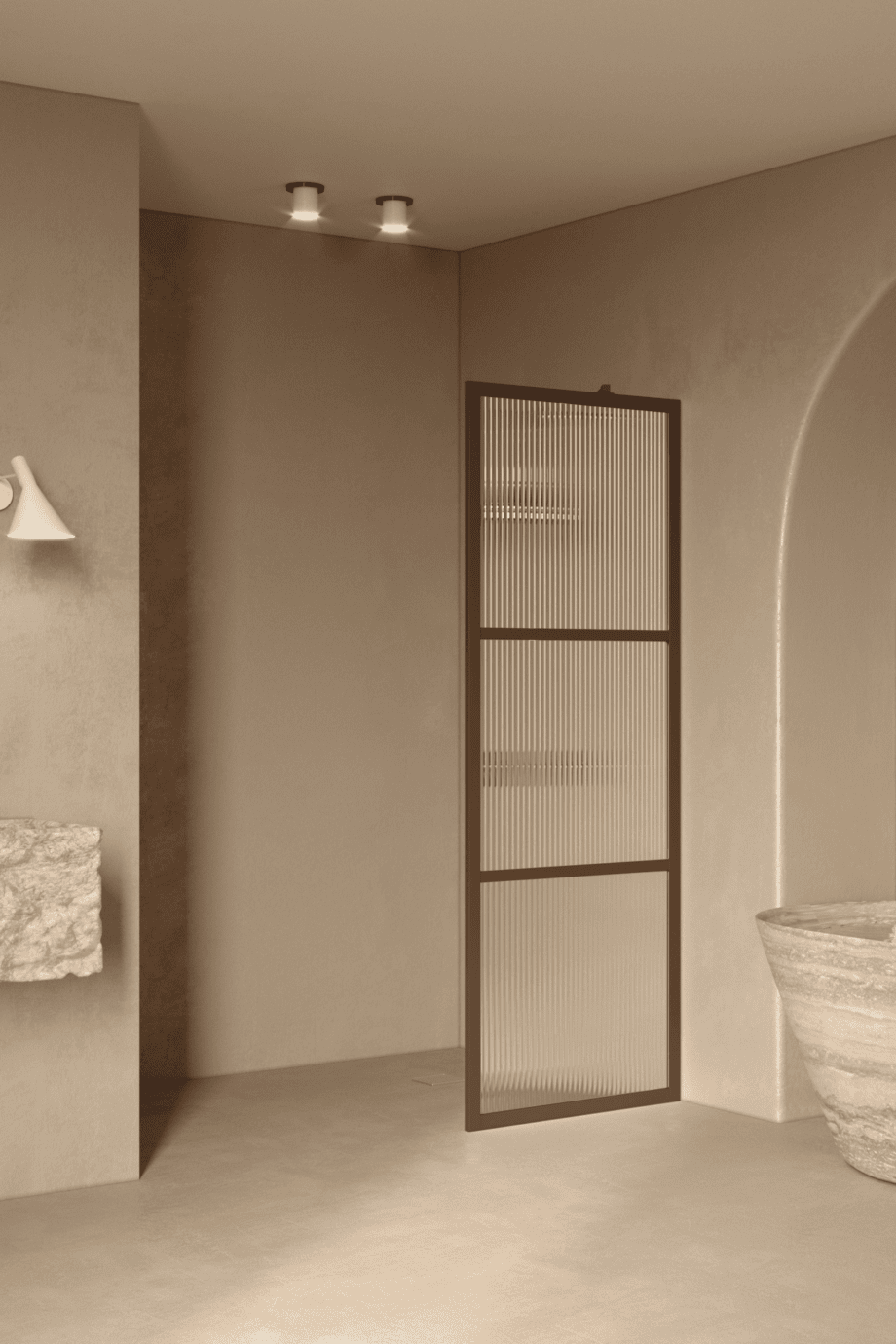 Fixed shower screen Hietakari Bläk 734 Tokyo, Mocha frame, reeded glass Fixed shower screen Hietakari Bläk 734 Tokyo, Mocha frame, reeded glass