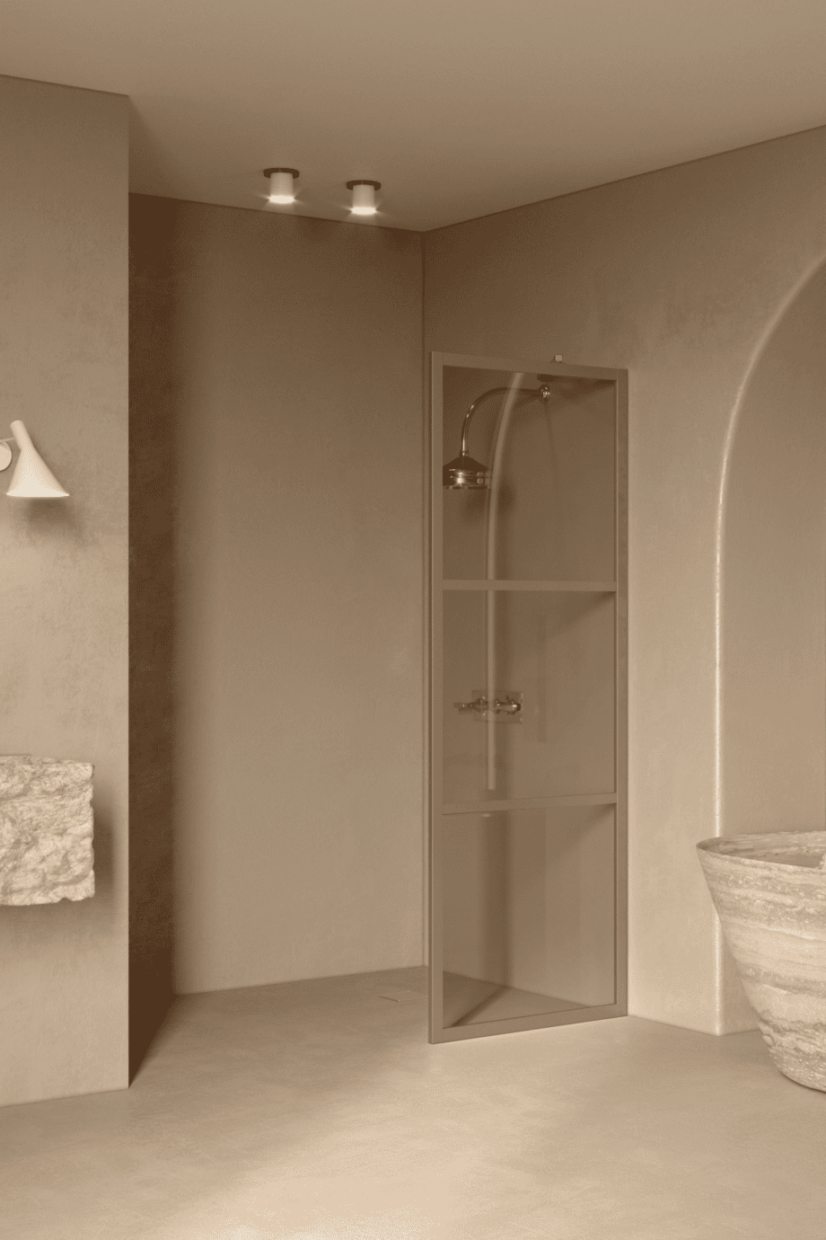 Fixed shower screen Hietakari Bläk 734 Tokyo, Sand frame, bronze tinted glass Fixed shower screen Hietakari Bläk 734 Tokyo, Sand frame, bronze tinted glass