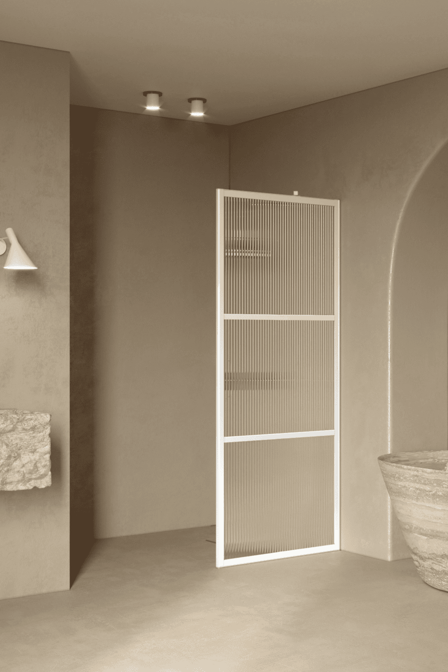Fixed shower screen Hietakari Bläk 734 Tokyo, white frame, reeded glass Fixed shower screen Hietakari Bläk 734 Tokyo, white frame, reeded glass