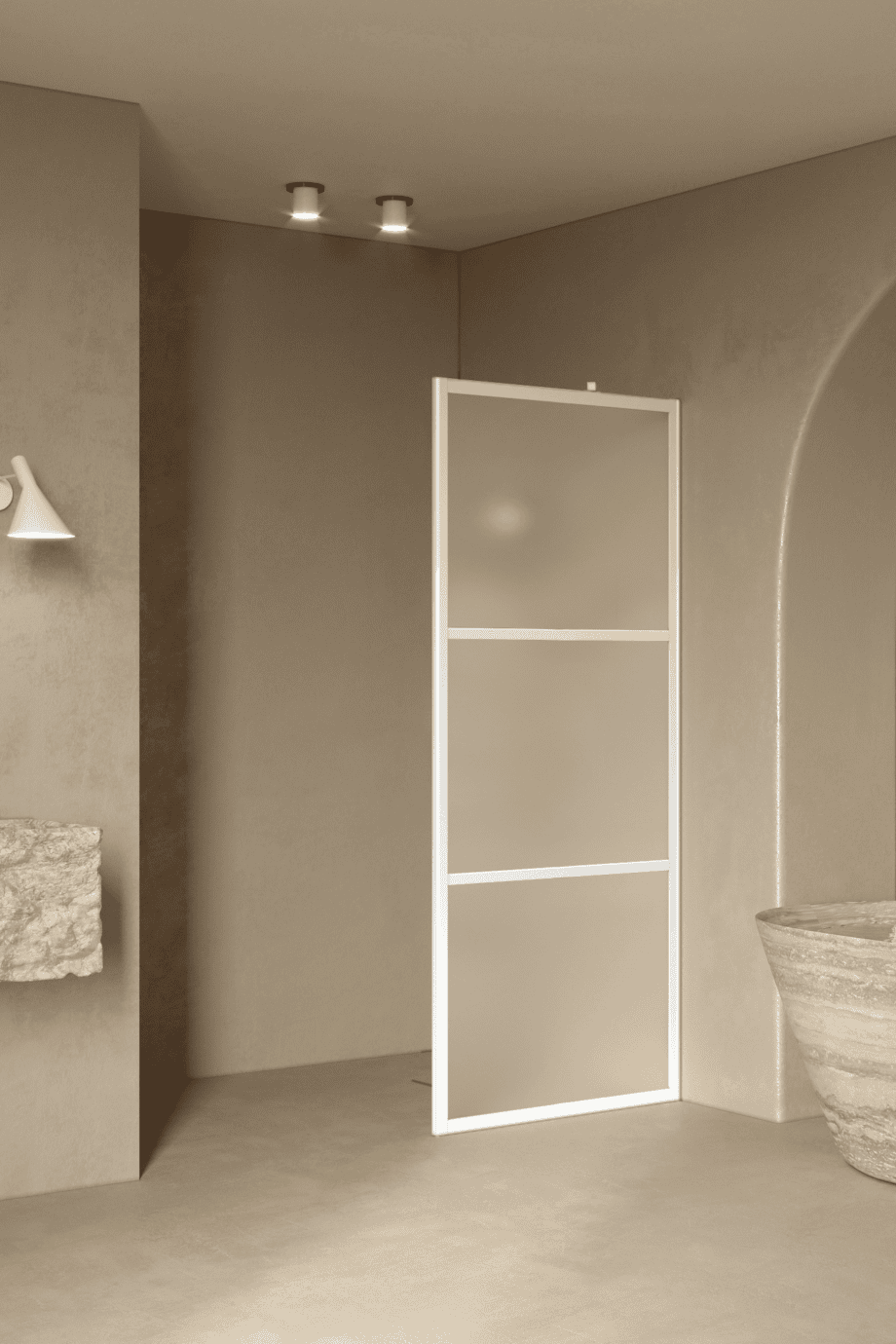 Fixed shower screen Hietakari Bläk 734 Tokyo, white frame, satin frosted glass Fixed shower screen Hietakari Bläk 734 Tokyo, white frame, satin frosted glass