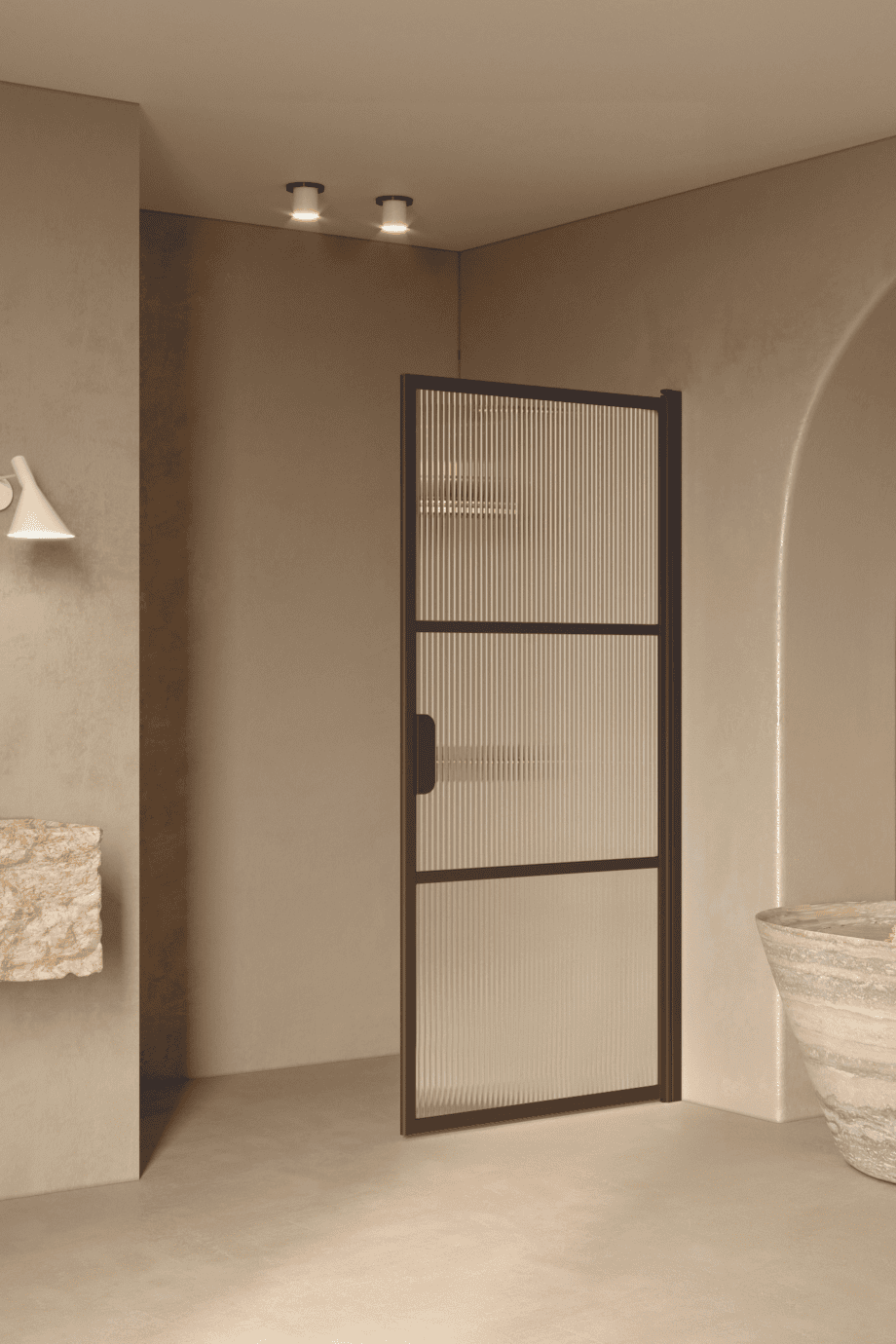 Hinged shower door Hietakari Bläk 735 Tokyo, Cocoa frame, reeded glass