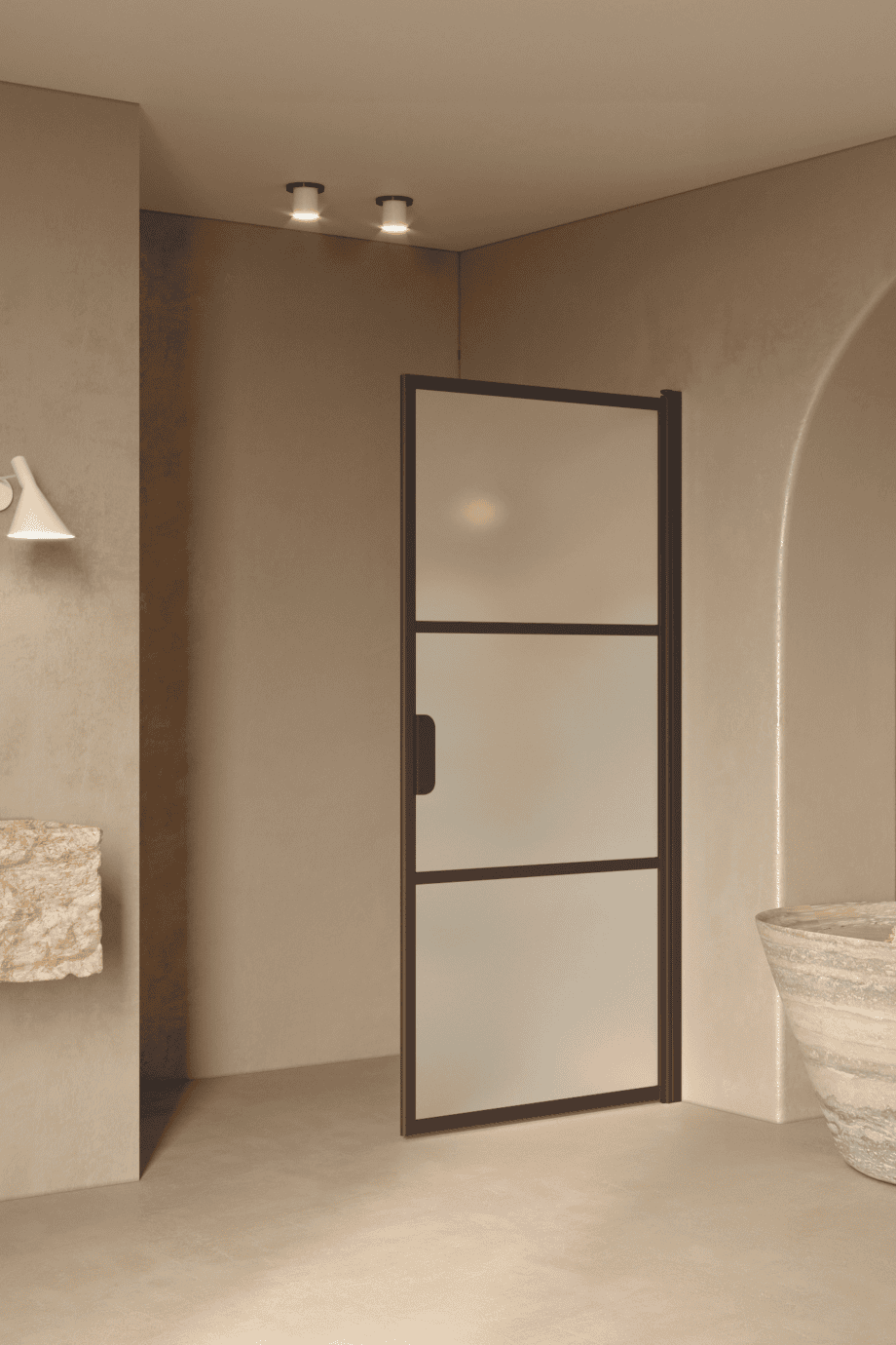 Hinged shower door Hietakari Bläk 735 Tokyo, Cocoa frame, satin frosted glass