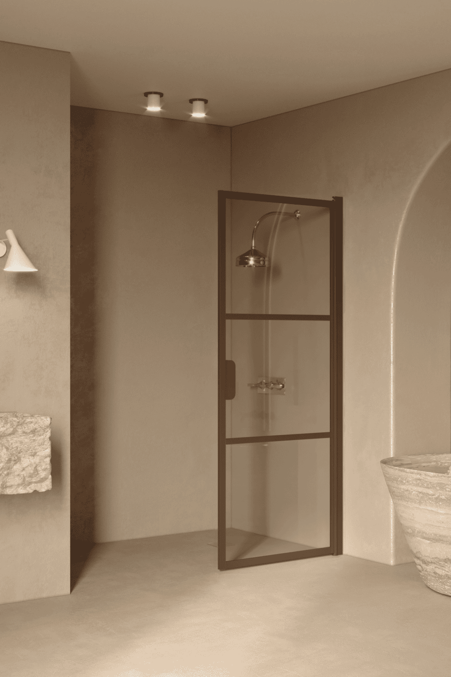 Hinged shower door Hietakari Bläk 735 Tokyo, Mocha frame, grey tinted glass