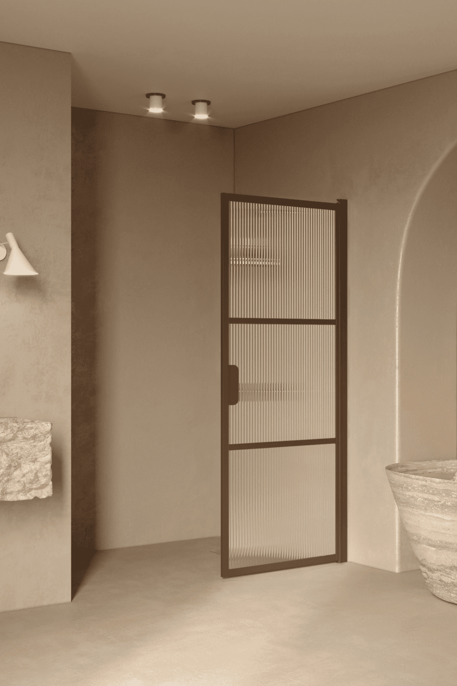 Hinged shower door Hietakari Bläk 735 Tokyo, Mocha frame, reeded glass