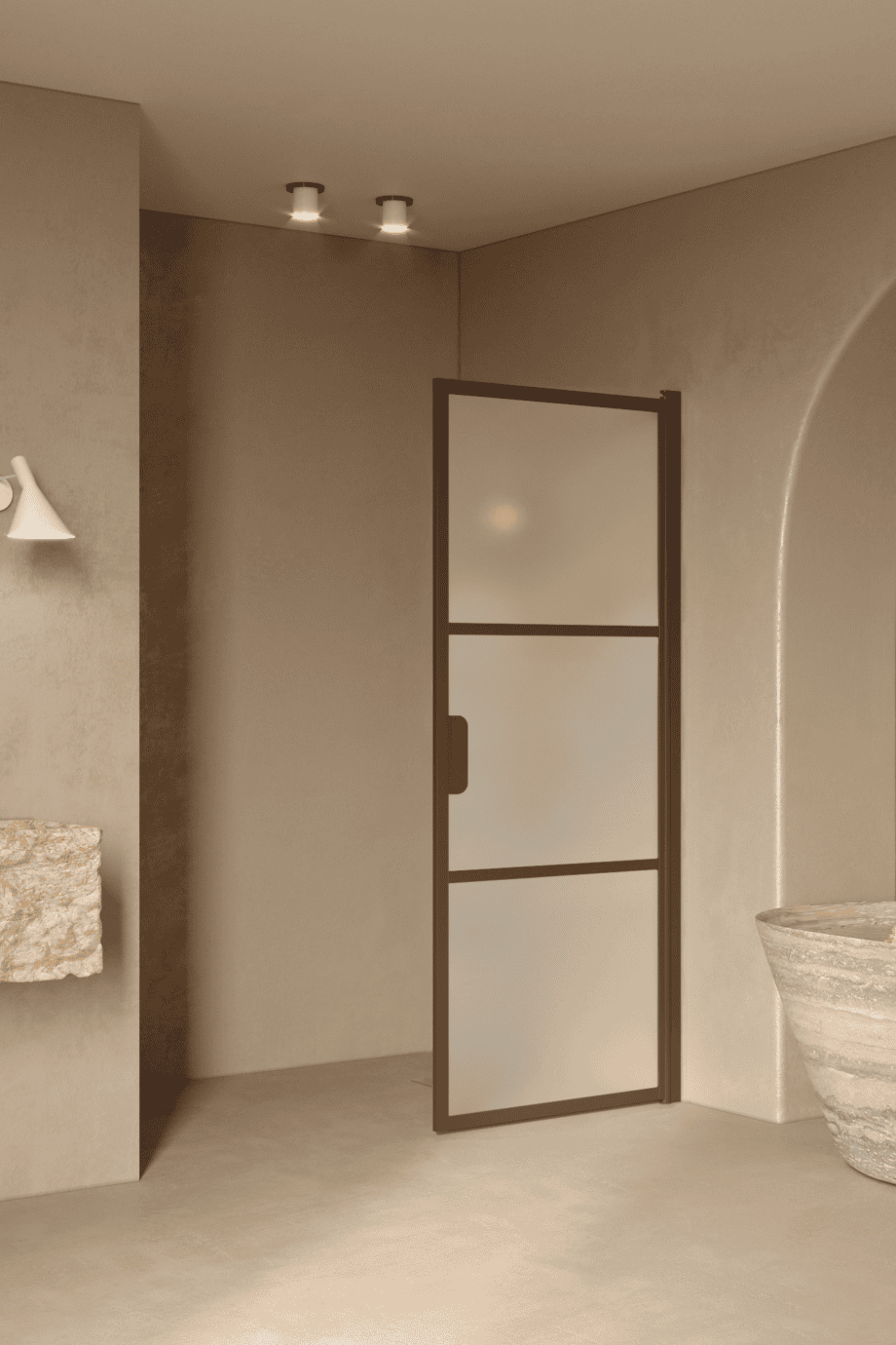 Hinged shower door Hietakari Bläk 735 Tokyo, Mocha frame, satin frosted glass