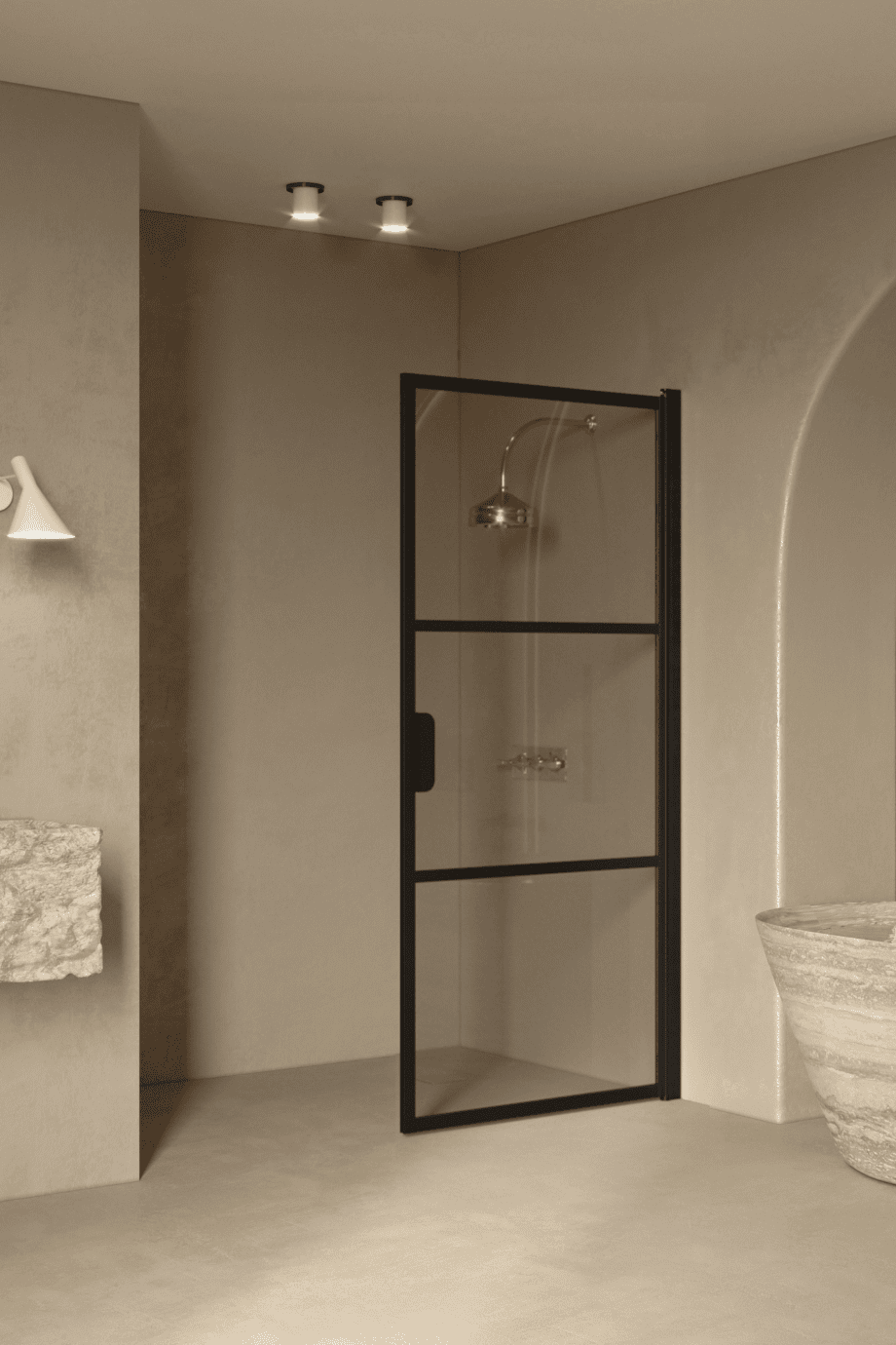 Hinged shower door Hietakari Bläk 735 Tokyo, black frame, grey tinted glass