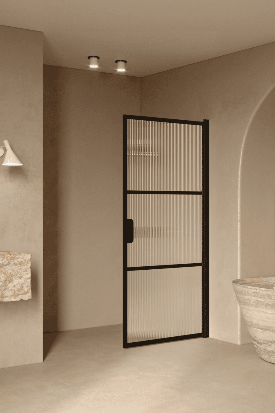 Hinged shower door Hietakari Bläk 735 Tokyo, black frame, reeded glass