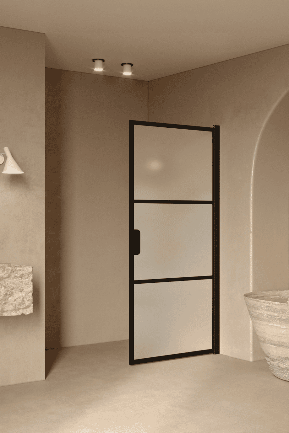 Hinged shower door Hietakari Bläk 735 Tokyo, black frame, satin frosted glass