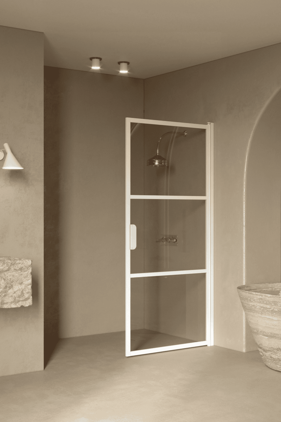 Hinged shower door Hietakari Bläk 735 Tokyo, white frame, grey tinted glass