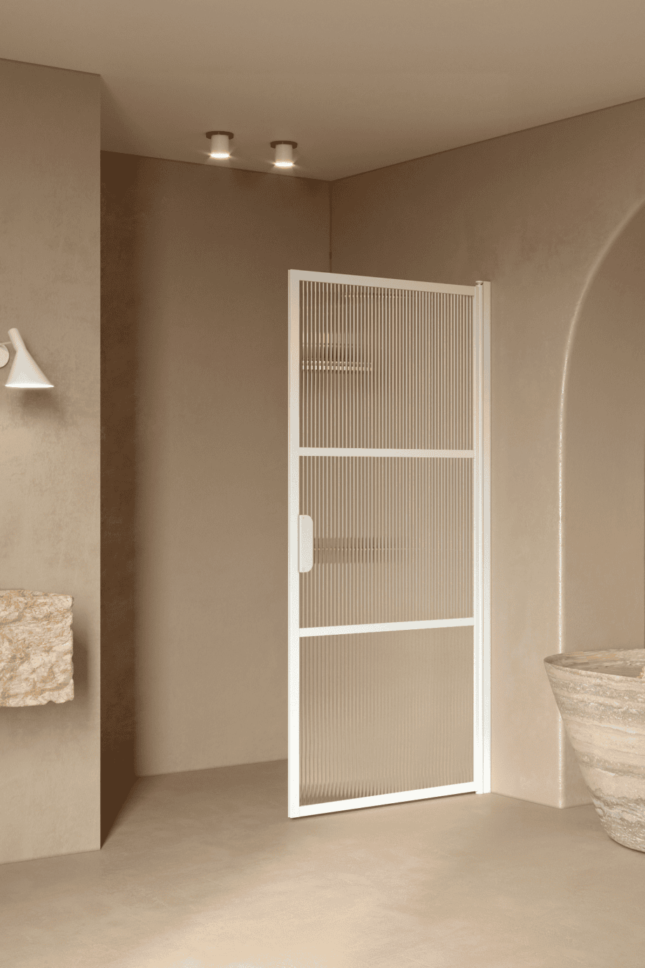 Hinged shower door Hietakari Bläk 735 Tokyo, white frame, reeded glass