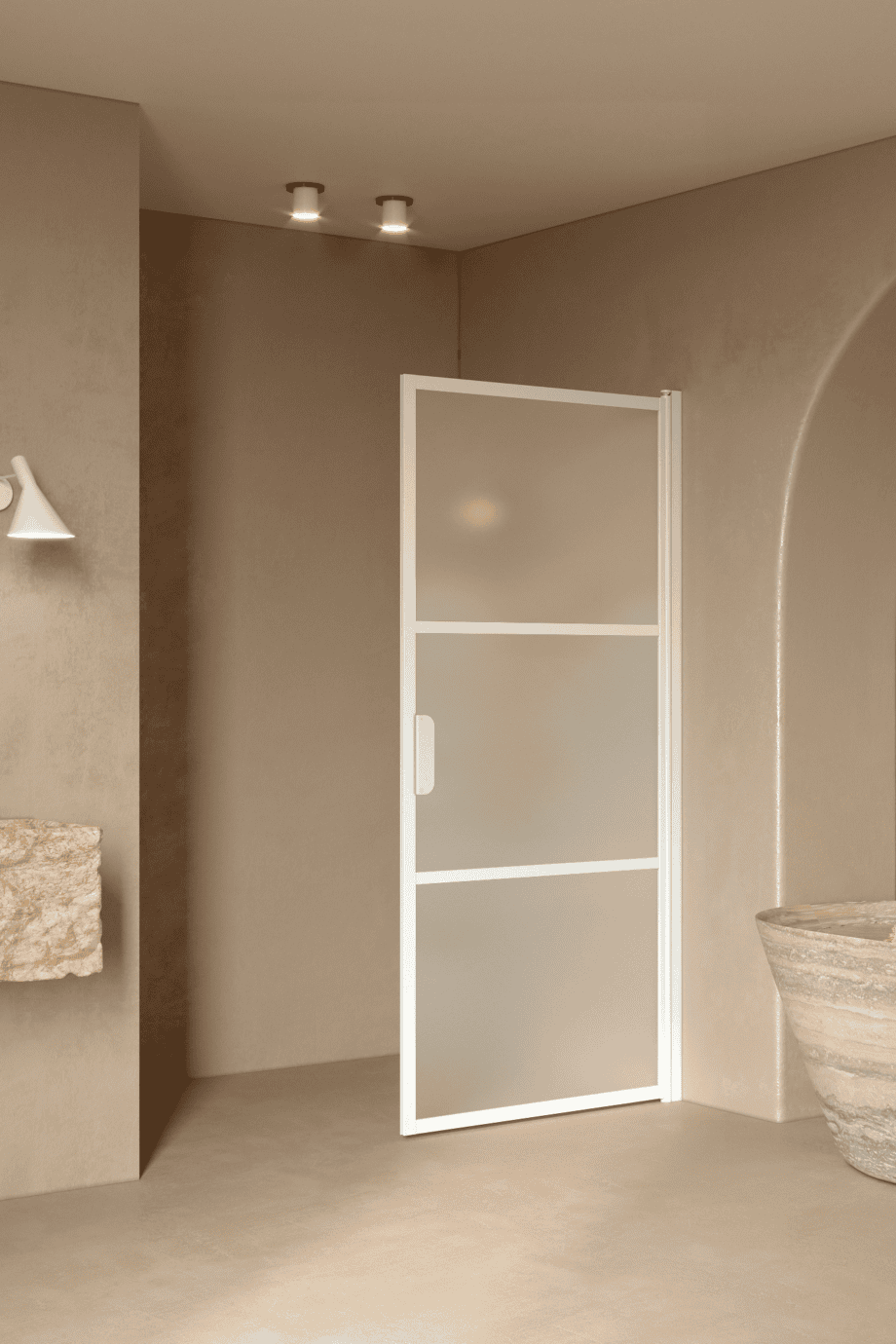 Hinged shower door Hietakari Bläk 735 Tokyo, white frame, satin frosted glass