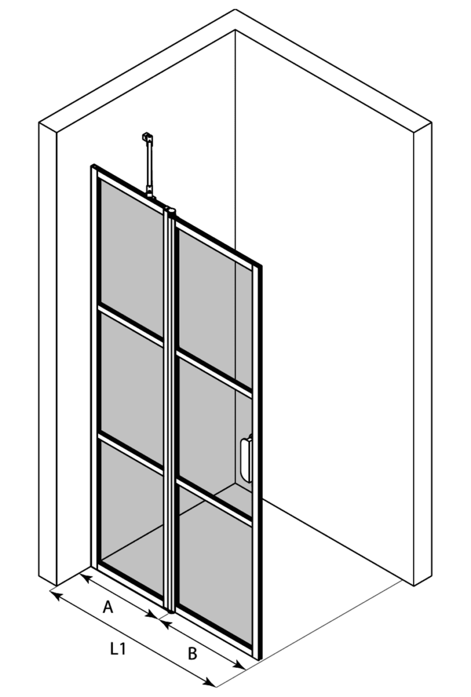 Hinged shower screen with fixed part Hietakari Bläk 736 Tokyo – 3D drawing Hinged shower screen with fixed part Hietakari Bläk 736 Tokyo – 3