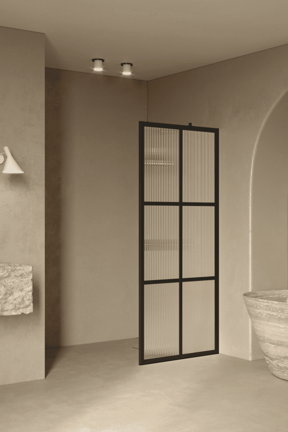 Fixed shower screen Hietakari Bläk 737 Paris, black frame, reeded glass