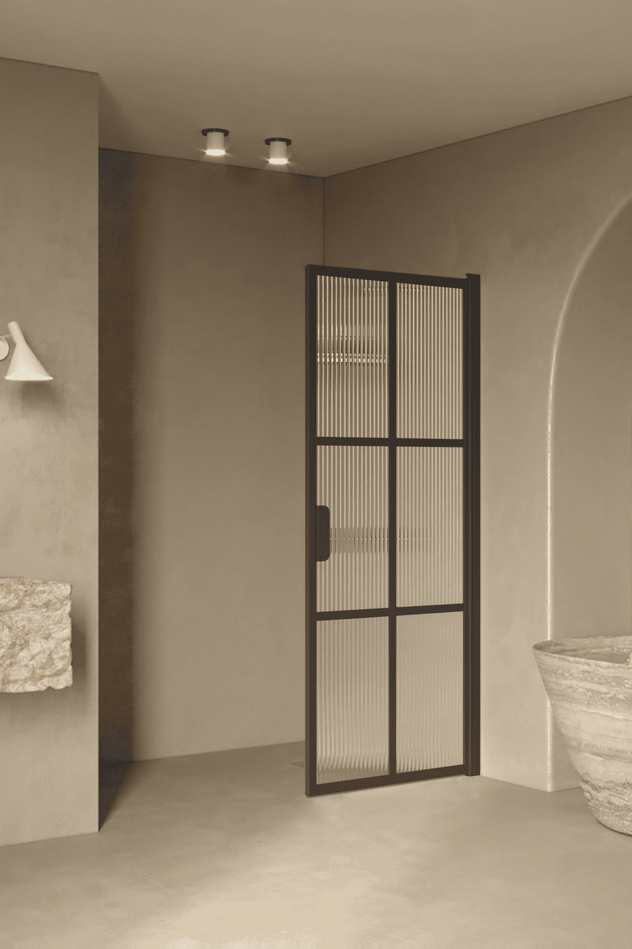Hinged shower door Hietakari Bläk 738 Paris, Cocoa frame, reeded glass Hinged shower door Hietakari Bläk 738 Paris, Cocoa frame, reeded glass