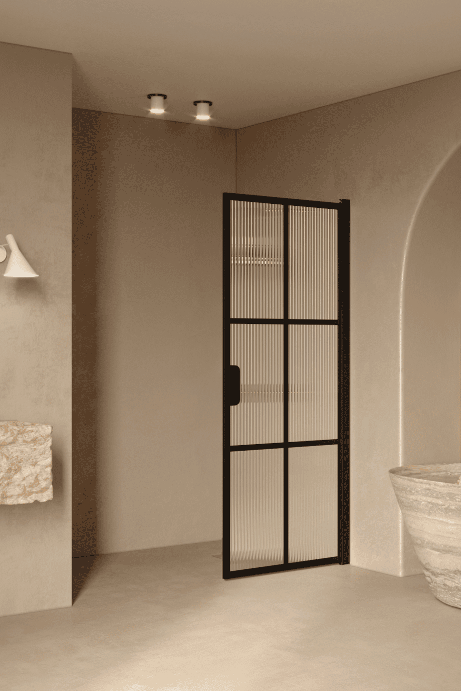 Hinged shower door Hietakari Bläk 738 Paris, black frame, reeded glass Hinged shower door Hietakari Bläk 738 Paris, black frame, reeded glass