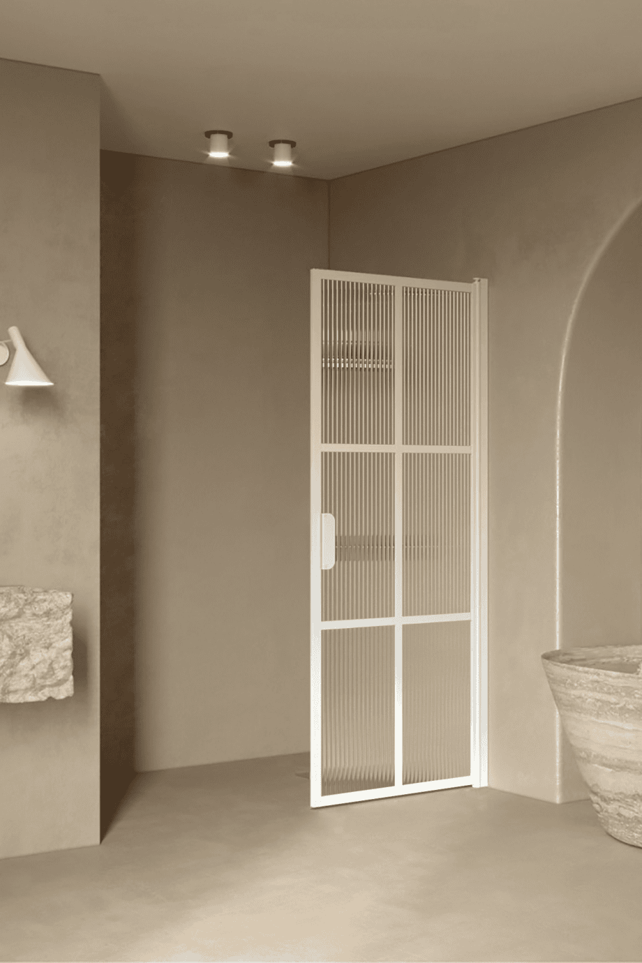 Hinged shower door Hietakari Bläk 738 Paris, white frame, reeded glass Hinged shower door Hietakari Bläk 738 Paris, white frame, reeded glass