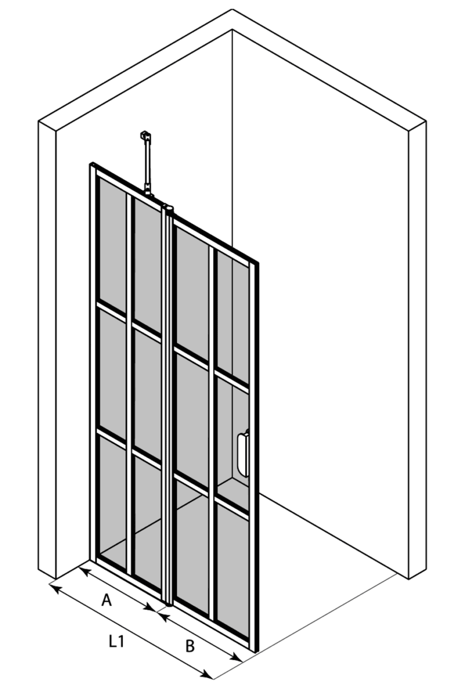 Hinged shower screen with fixed part Hietakari Bläk 739 Paris – 3D drawing Hinged shower screen with fixed part Hietakari Bläk 739 Paris – 3