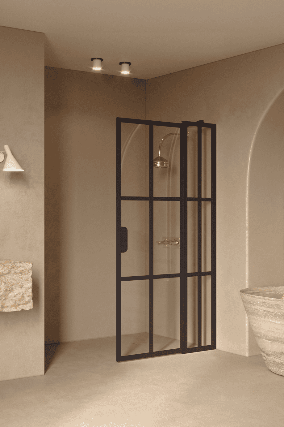 Hinged shower screen with fixed part Hietakari Bläk 739 Paris, Cocoa frame, reeded glass Hinged shower screen with fixed part Hietakari Bläk 739 Paris, Cocoa frame, reeded glass
