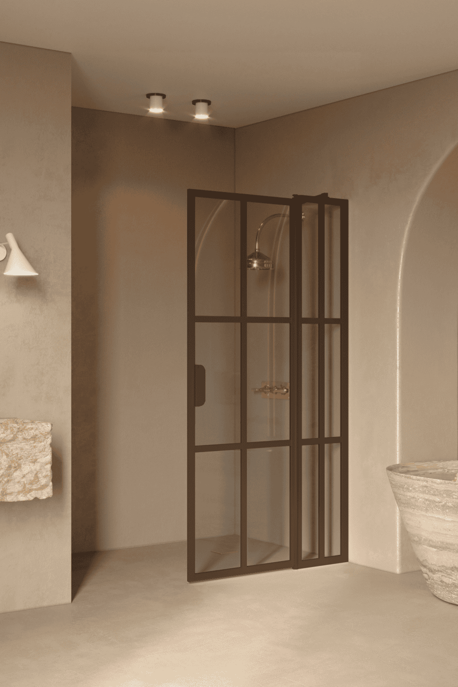 Hinged shower screen with fixed part Hietakari Bläk 739 Paris, Mocha frame, grey tinted glass Hinged shower screen with fixed part Hietakari Bläk 739 Paris, Mocha frame, grey tinted glass