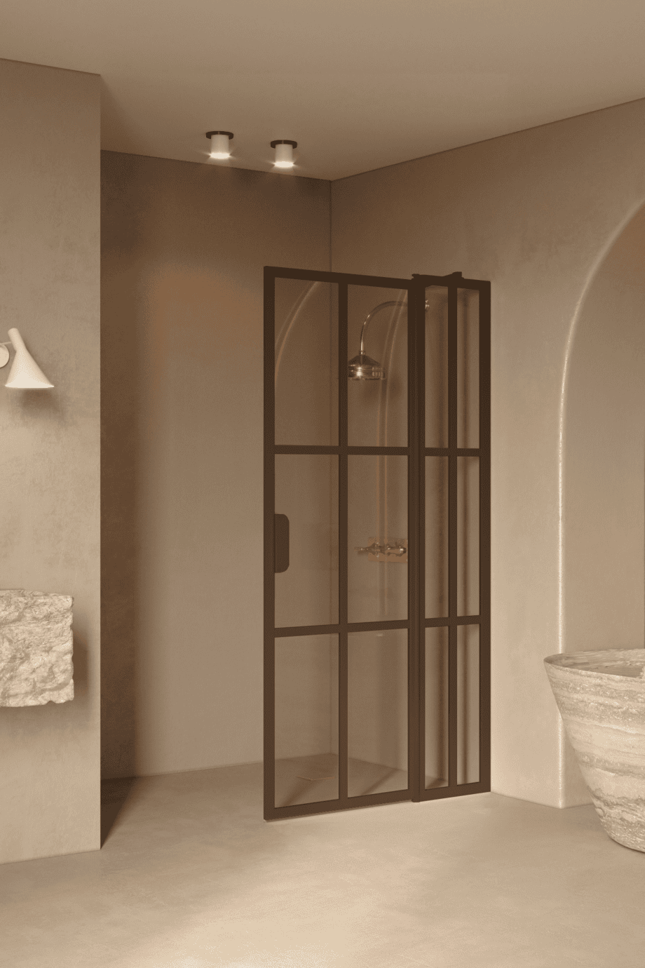 Hinged shower screen with fixed part Hietakari Bläk 739 Paris, Mocha frame, bronze tinted glass Hinged shower screen with fixed part Hietakari Bläk 739 Paris, Mocha frame, bronze tinted glass