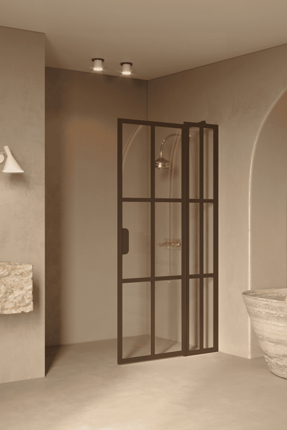 Hinged shower screen with fixed part Hietakari Bläk 739 Paris, Mocha frame, reeded glass Hinged shower screen with fixed part Hietakari Bläk 739 Paris, Mocha frame, reeded glass