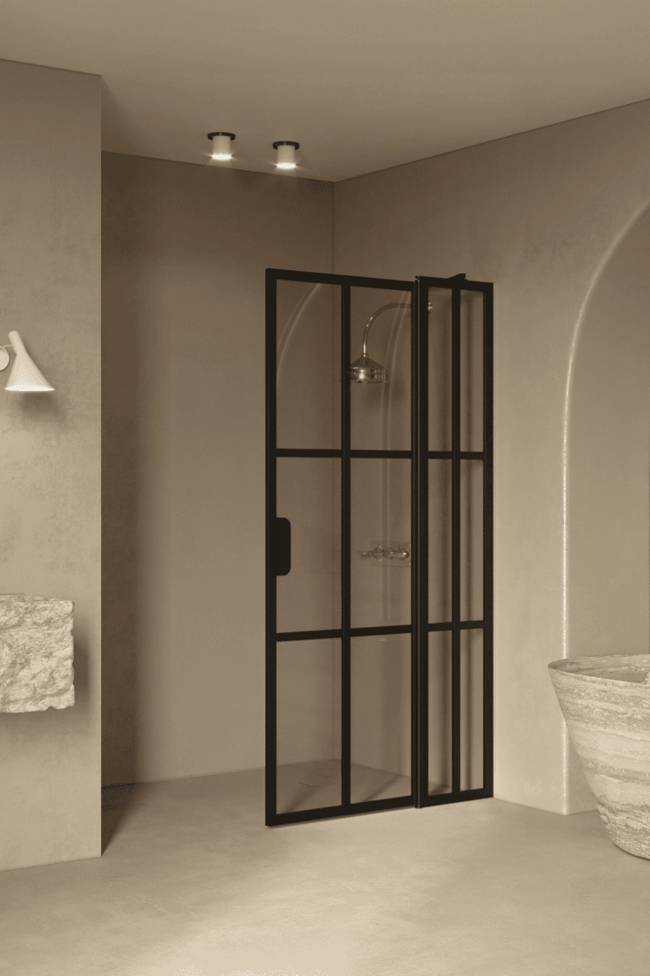 Hinged shower screen with fixed part Hietakari Bläk 739 Paris, black frame, grey tinted glass Hinged shower screen with fixed part Hietakari Bläk 739 Paris, black frame, grey tinted glass