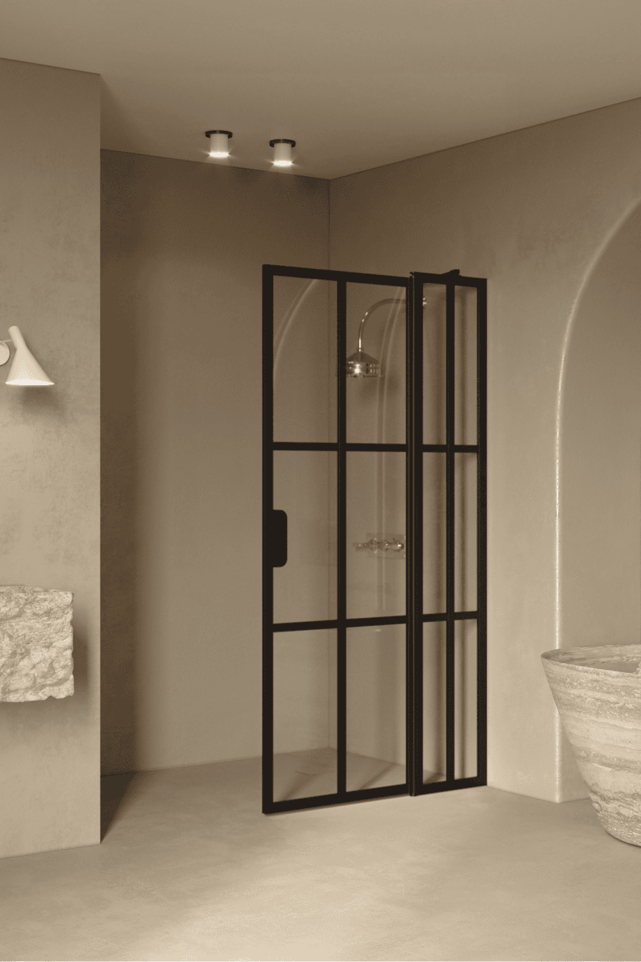 Hinged shower screen with fixed part Hietakari Bläk 739 Paris, black frame, reeded glass Hinged shower screen with fixed part Hietakari Bläk 739 Paris, black frame, reeded glass