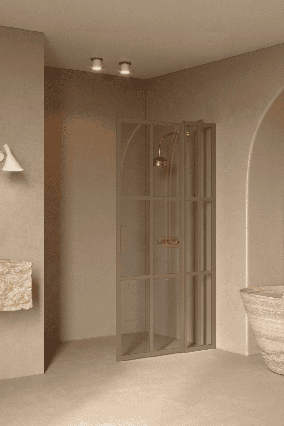 Hinged shower screen with fixed part Hietakari Bläk 739 Paris, Sand frame, grey tinted glass Hinged shower screen with fixed part Hietakari Bläk 739 Paris, Sand frame, grey tinted glass