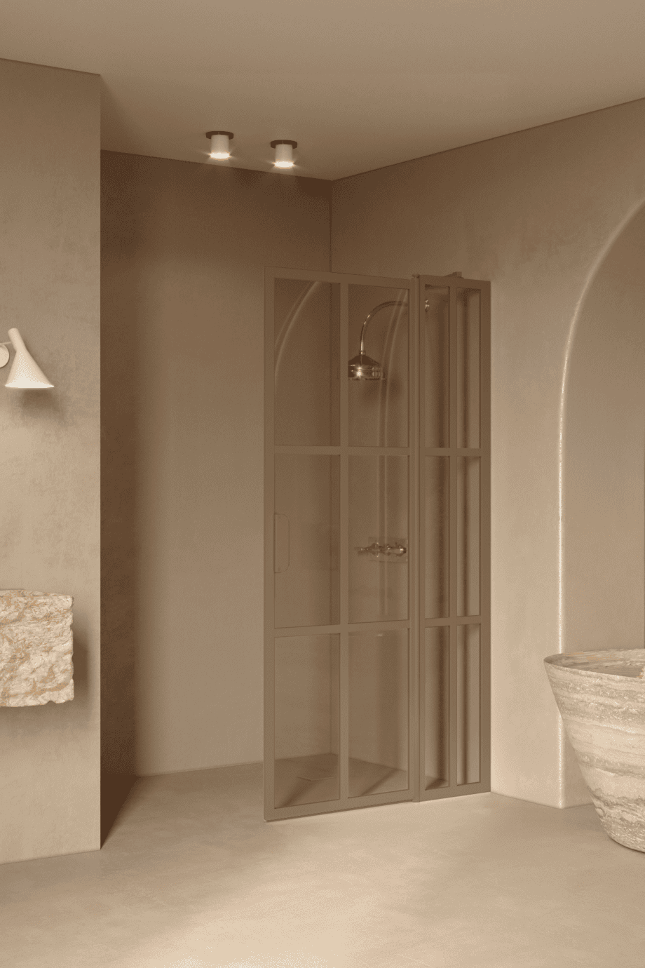 Hinged shower screen with fixed part Hietakari Bläk 739 Paris, Sand frame, bronze tinted glass Hinged shower screen with fixed part Hietakari Bläk 739 Paris, Sand frame, bronze tinted glass