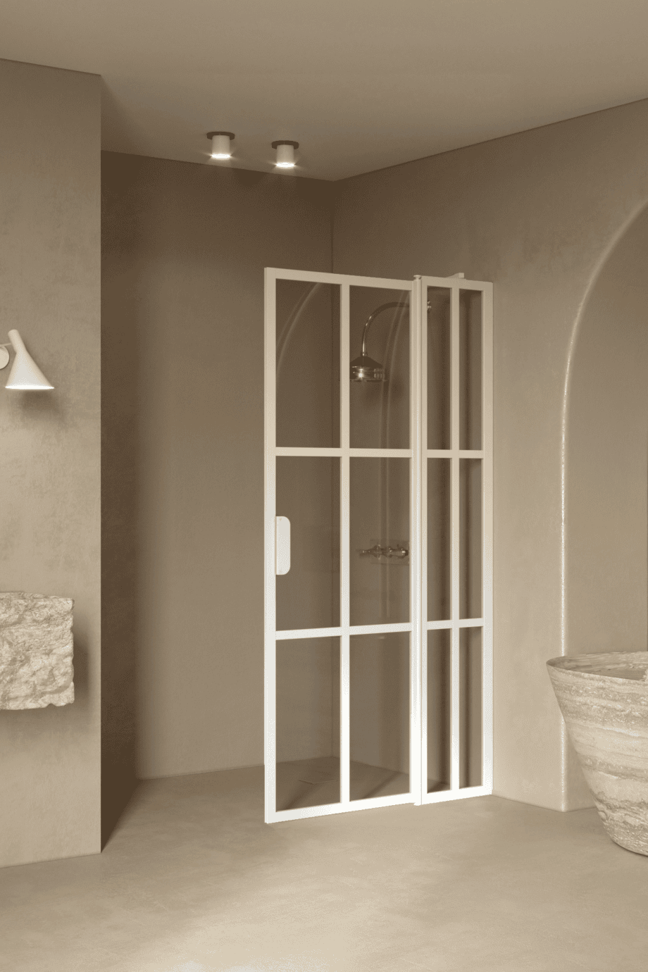 Hinged shower screen with fixed part Hietakari Bläk 739 Paris, white frame, grey tinted glass Hinged shower screen with fixed part Hietakari Bläk 739 Paris, white frame, grey tinted glass