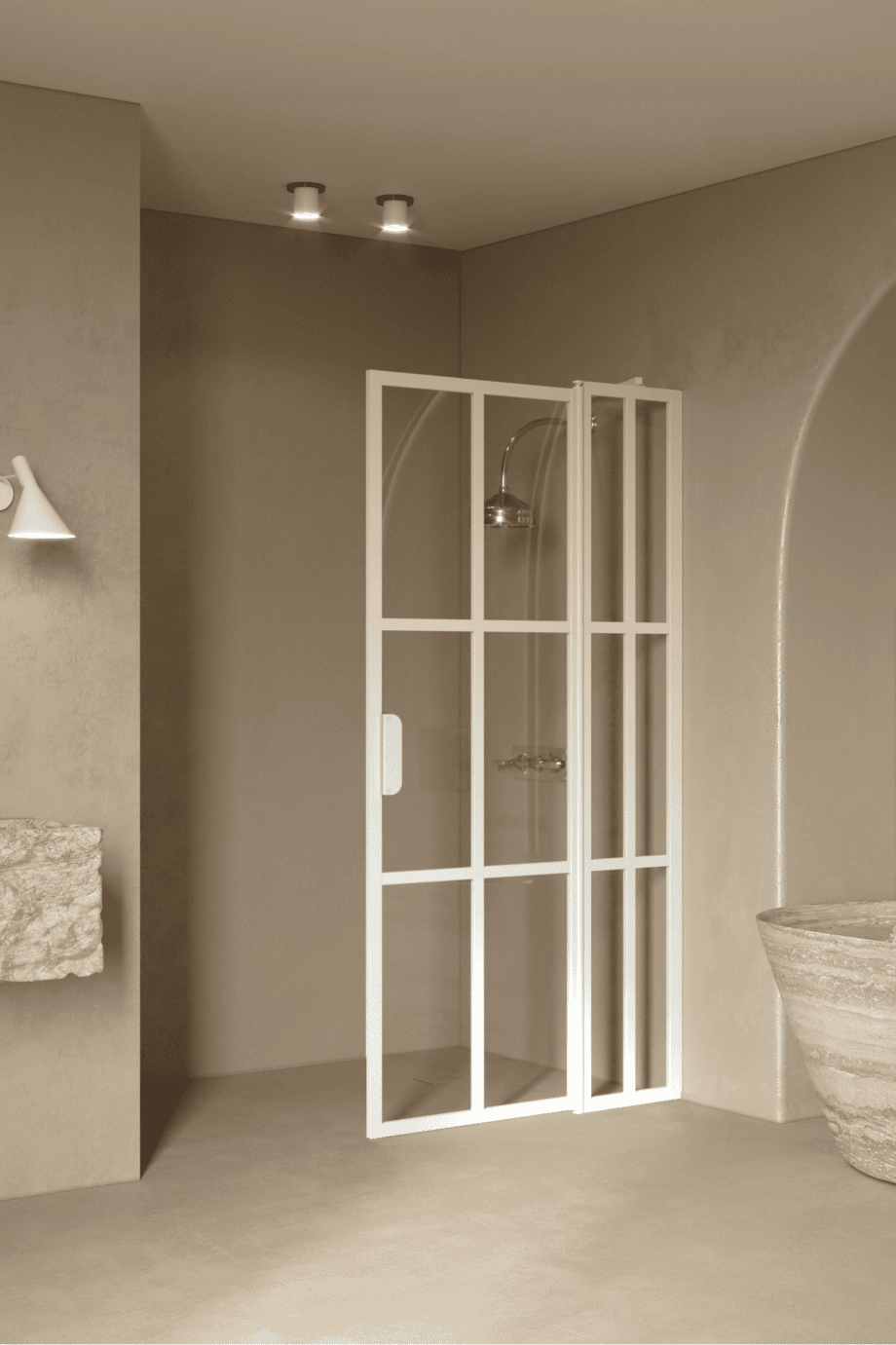 Hinged shower screen with fixed part Hietakari Bläk 739 Paris, white frame, reeded glass Hinged shower screen with fixed part Hietakari Bläk 739 Paris, white frame, reeded glass