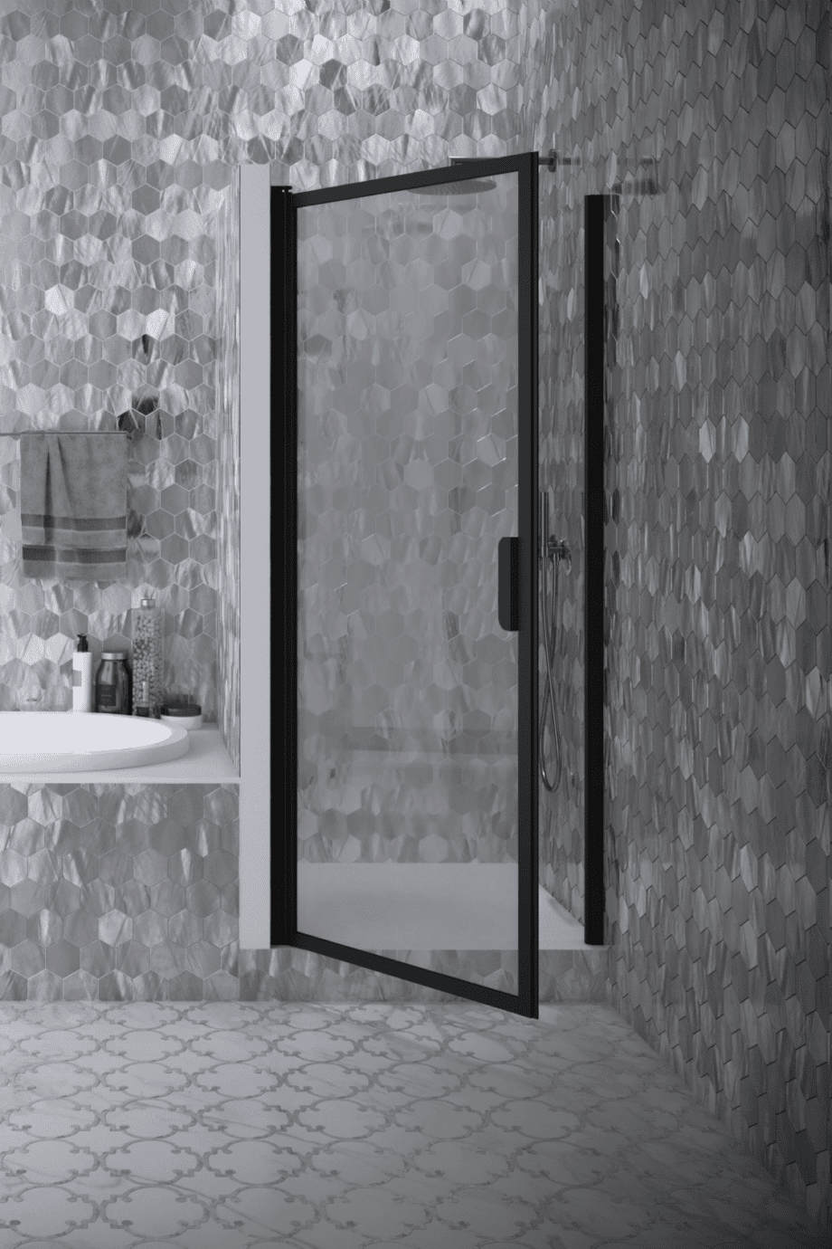 Hinged shower door with wall magnet Hietakari Bläk 788 New York, white frame, reeded glass Hinged shower door with wall magnet Hietakari Bläk 788 New York, white frame, reeded glass