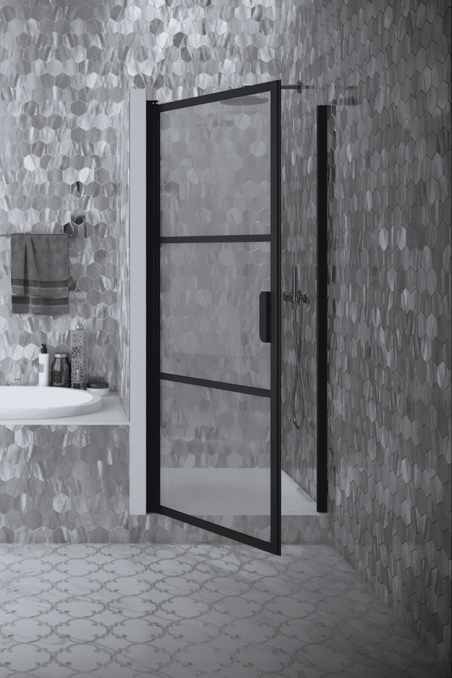 Hinged shower door with wall magnet Hietakari Bläk 790 Tokyo, white frame, grey tinted glass Hinged shower door with wall magnet Hietakari Bläk 790 Tokyo, white frame, grey tinted glass