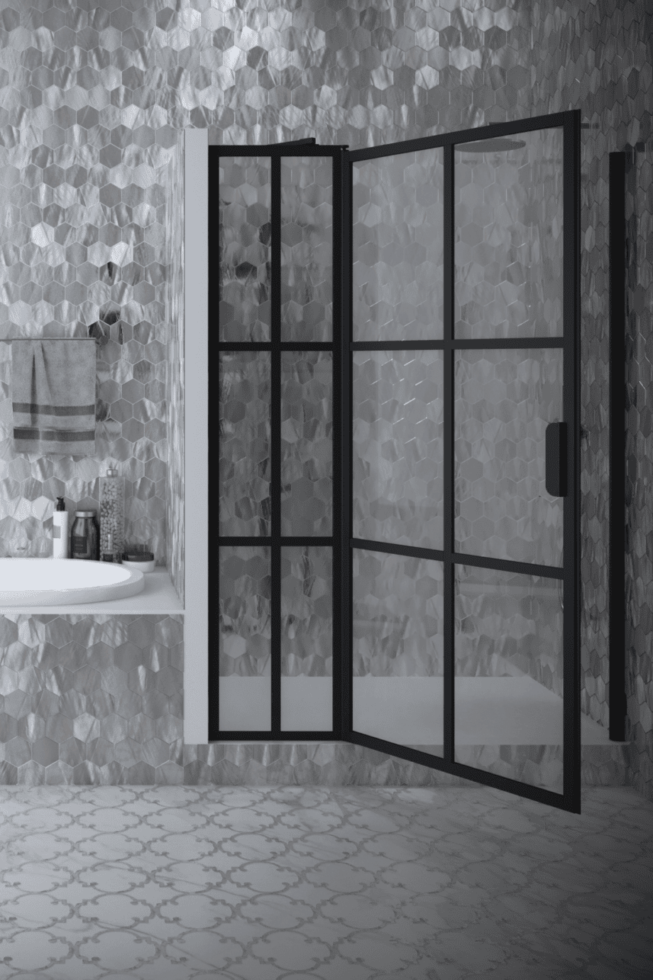 Hinged shower door with fixed part and wall magnet Hietakari Bläk 793 Paris, white frame, clear glass Hinged shower door with fixed part and wall magnet Hietakari Bläk 793 Paris
