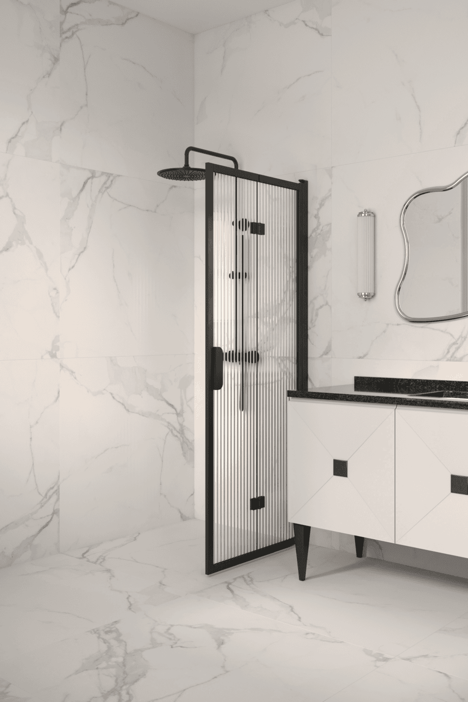 Folding shower screen Hietakari Bläk 881 New York, black frame, reeded glass Folding shower screen Hietakari Bläk 881 New York, black frame, reeded glass