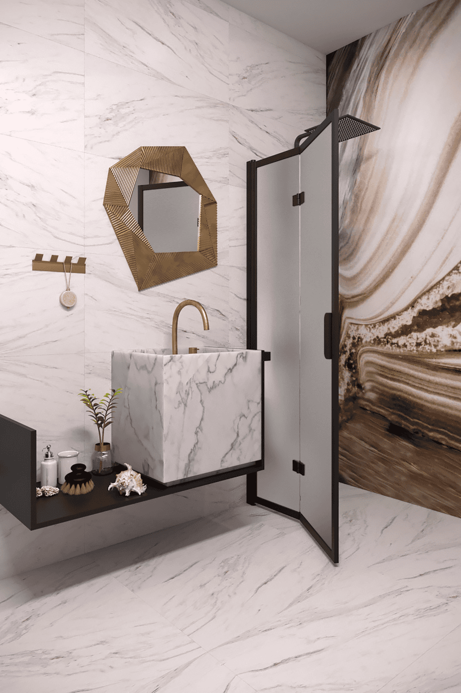 Folding shower screen Hietakari Bläk 881 New York, black frame, satin frosted glass Folding shower screen Hietakari Bläk 881 New York, black frame, satin frosted glass