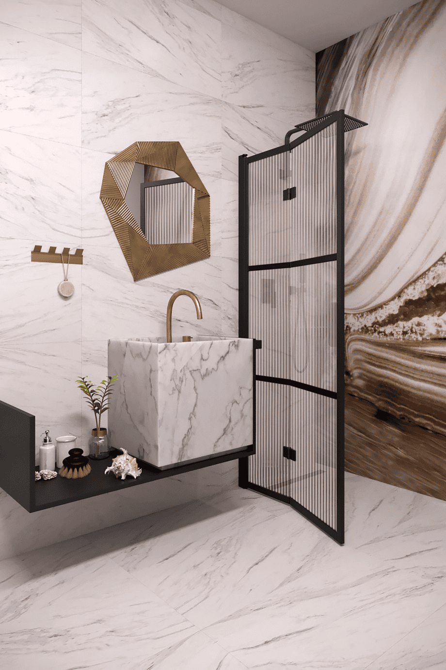 Folding shower screen Hietakari Bläk 882 Tokyo, Cocoa frame, reeded glass Folding shower screen Hietakari Bläk 882 Tokyo, Cocoa frame, reeded glass