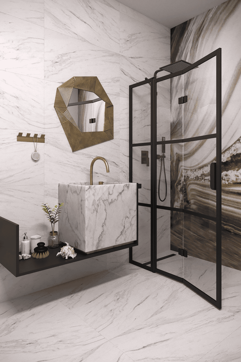 Hinged shower screen with fixed part Hietakari Bläk 885 Tokyo, black frame, grey tinted glass