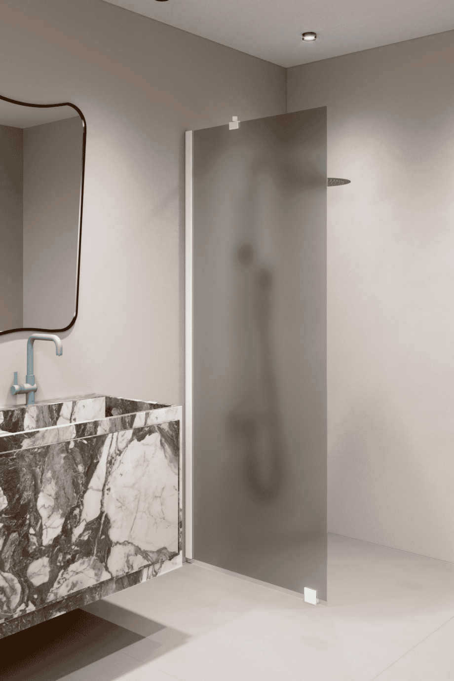 Fixed shower screen Hietakari Forma 301, white frame, grey satin glass Fixed shower screen Hietakari Forma 301, white frame, grey satin glass