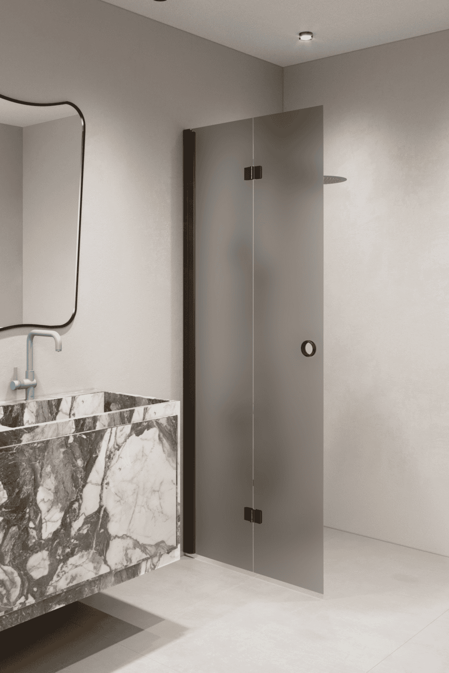 Folding shower screen Hietakari Forma 303, black frame, grey satin glass Folding shower screen Hietakari Forma 303, black frame, grey satin glass