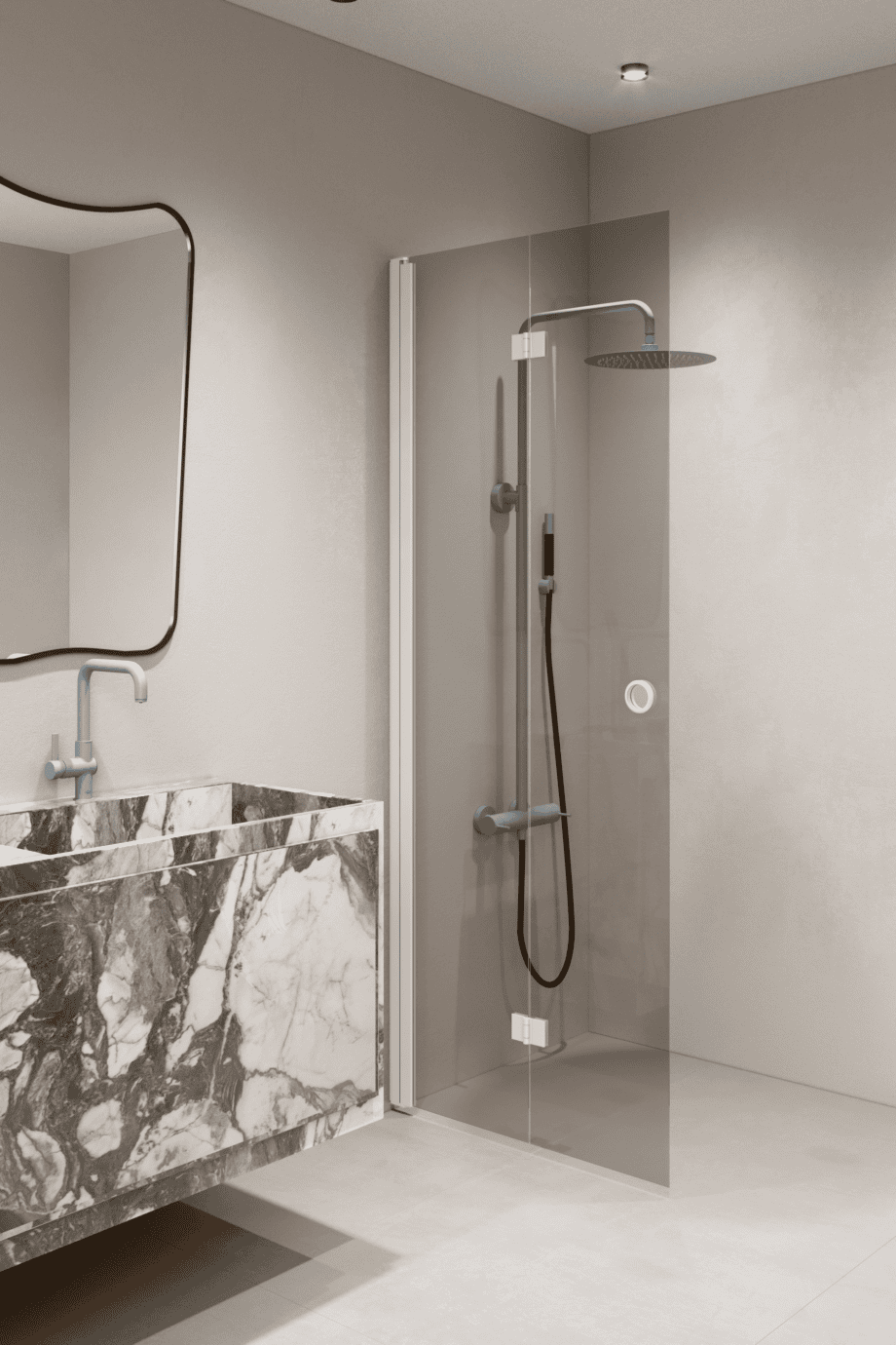 Folding shower screen Hietakari Forma 303, white frame, grey tinted glass Folding shower screen Hietakari Forma 303, white frame, grey tinted glass