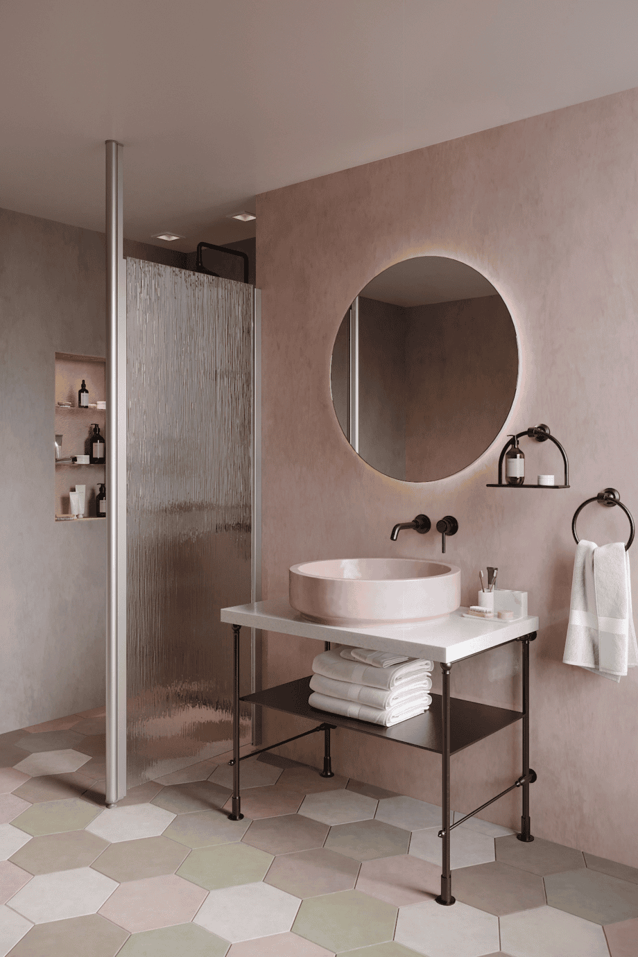 Shower screen with fixed front post Hietakari Infinia 112, aluminium frame, Chinchilla patterned glass