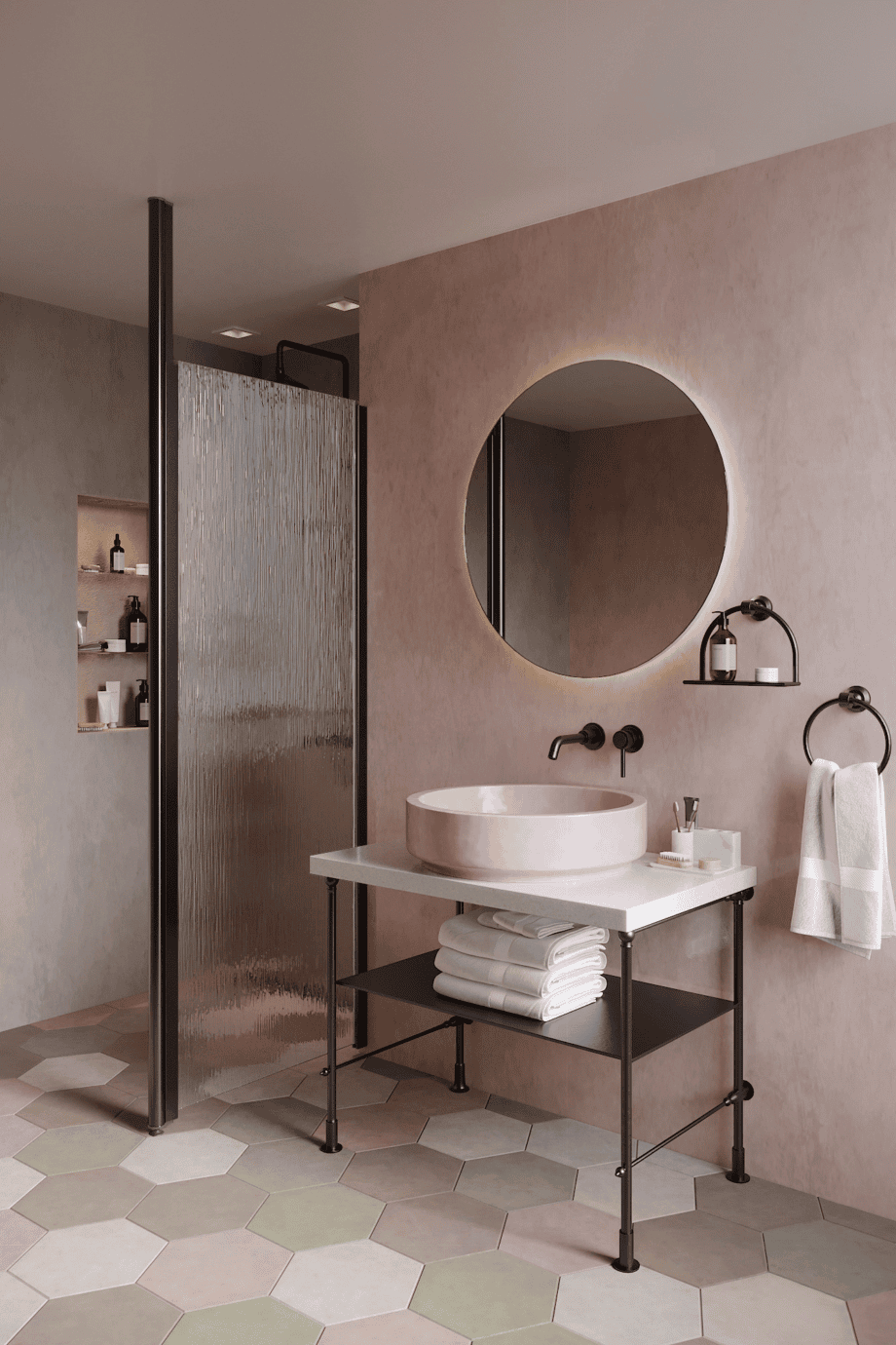 Shower screen with fixed front post Hietakari Infinia 112, black frame, Chinchilla patterned glass