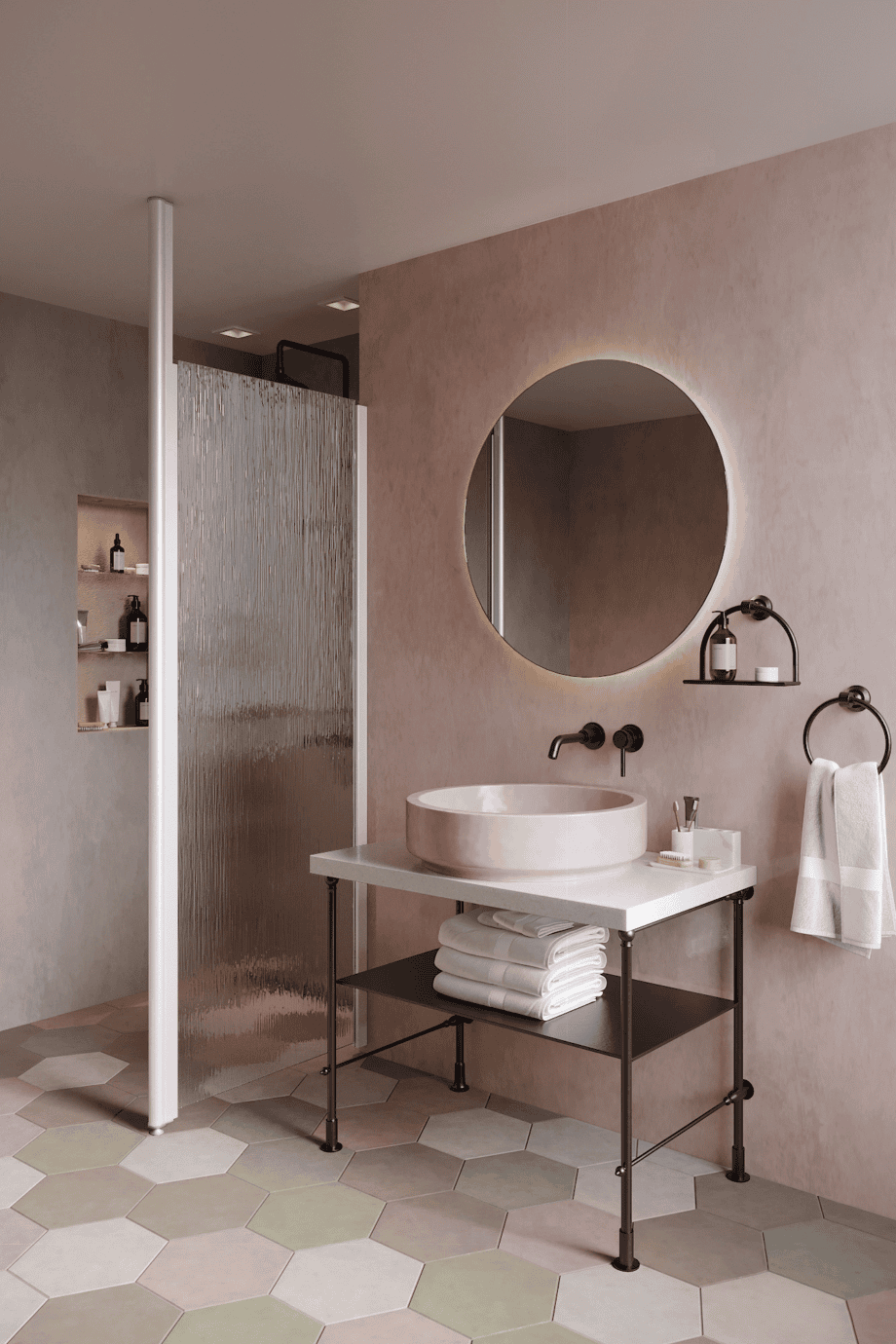 Shower screen with fixed front post Hietakari Infinia 112, white frame, Chinchilla patterned glass