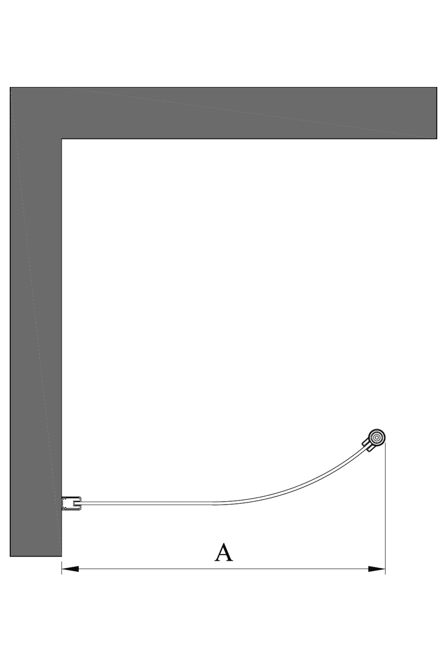 Curved shower screen with telescopic support Hietakari Infinia 121 – dimension drawing Curved shower screen with telescopic support Hietakari Infinia 121 – dimension drawing