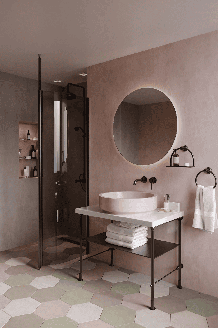 Curved shower screen with telescopic support Hietakari Infinia 121, black frame, grey tinted glass Curved shower screen with telescopic support Hietakari Infinia 121, black frame, grey tinted glass