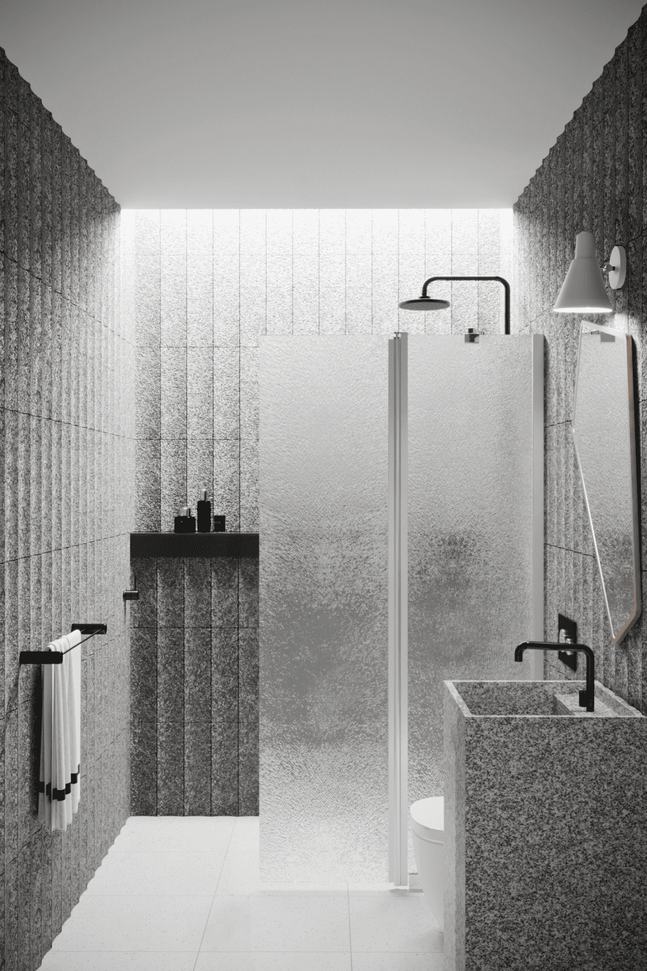 Hinged shower screen with fixed part Hietakari Infinia 214, aluminium frame, Chinchilla patterned glass