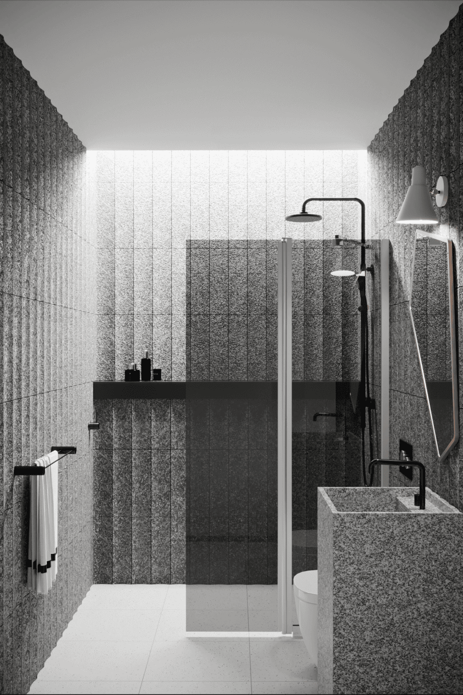 Hinged shower screen with fixed part Hietakari Infinia 214, aluminium frame, grey tinted glass