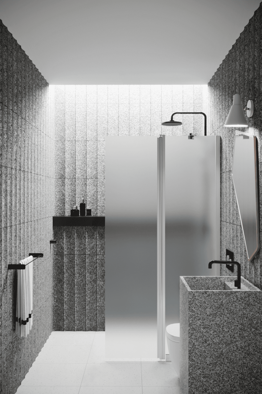 Hinged shower screen with fixed part Hietakari Infinia 214, aluminium frame, satin frosted glass