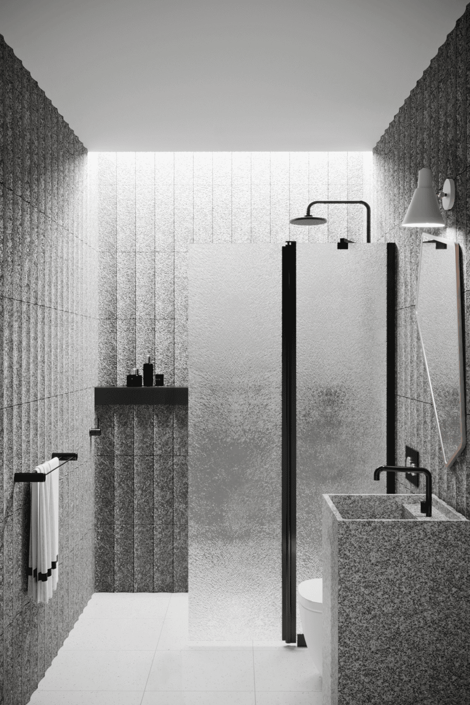 Hinged shower screen with fixed part Hietakari Infinia 214, black frame, Chinchilla patterned glass